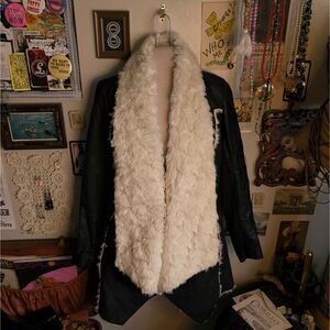 Faux Leather Shearling Fur Coat Women's Small Black Cream Long River Island